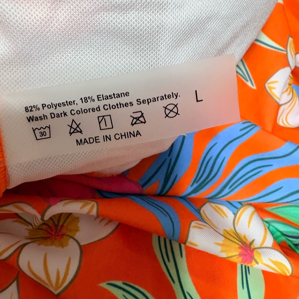 bright orange floral print halter tankini swim top with adjustable side ruching. - Picture 7 of 9